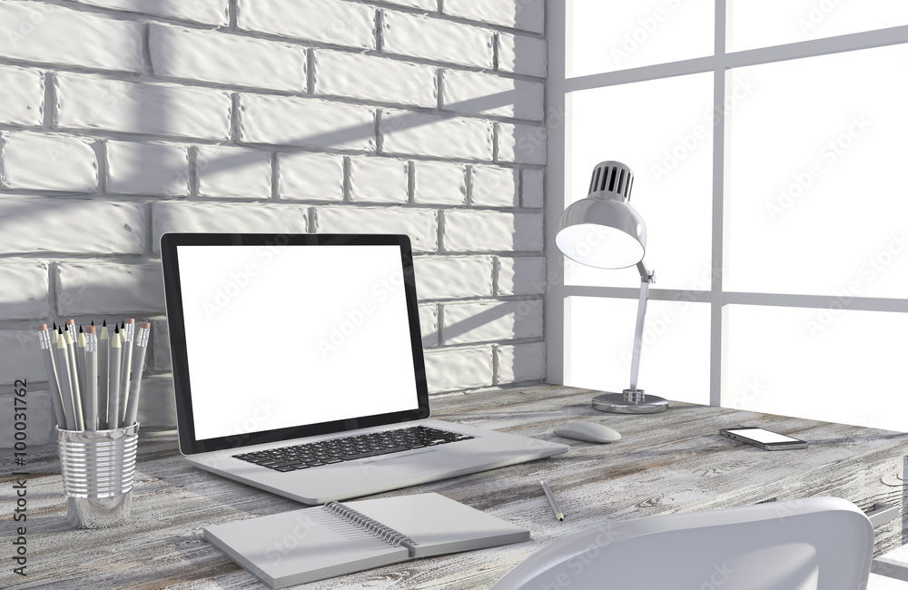 3D illustration laptop and work stuff on table near brick wall, Workspace 3D illustration laptop and work stuff on table near brick wall, Workspace