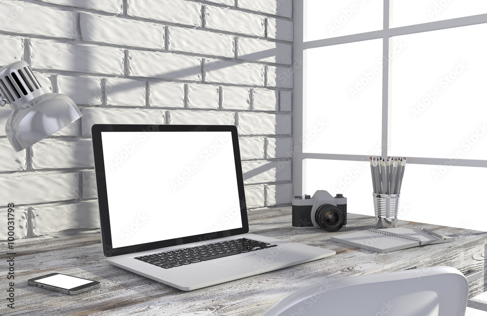 Fototapeta premium 3D illustration laptop and work stuff on table near brick wall, Workspace