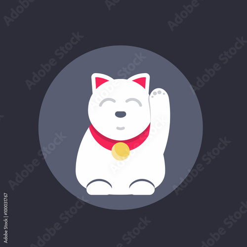 Maneki neko, japanese lucky cat round icon, vector illustration