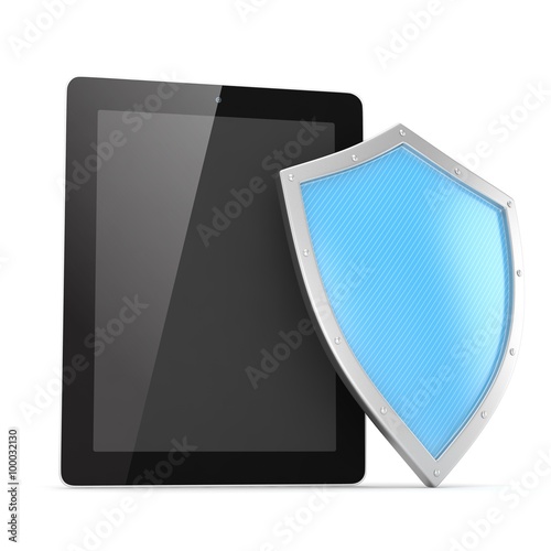 Free Download Tablet PC and shield on white device security concept - GFXLoad