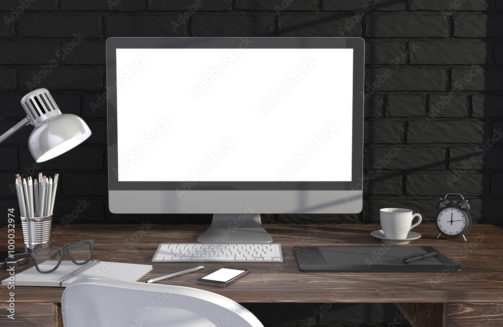Fototapeta premium 3D illustration PC screen on table in office, Workspace