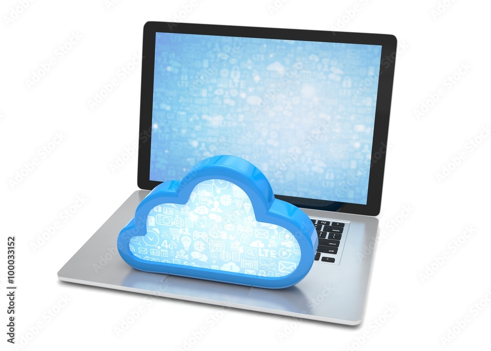 Laptop with cloud computing symbol on keyboard. 3d render Laptop with cloud computing symbol on keyboard. 3d render