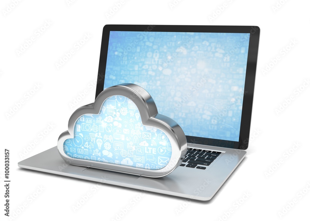 Laptop with cloud computing symbol on keyboard. 3d render Laptop with cloud computing symbol on keyboard. 3d render