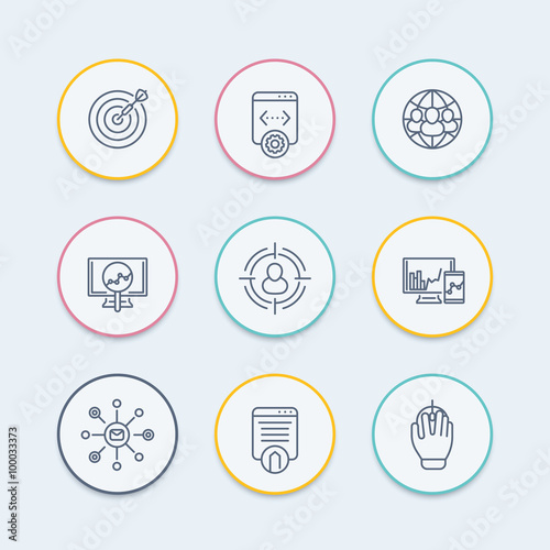 seo round thin line icons, search engine optimization, internet marketing, website indexing, seo tools icon, vector illustration