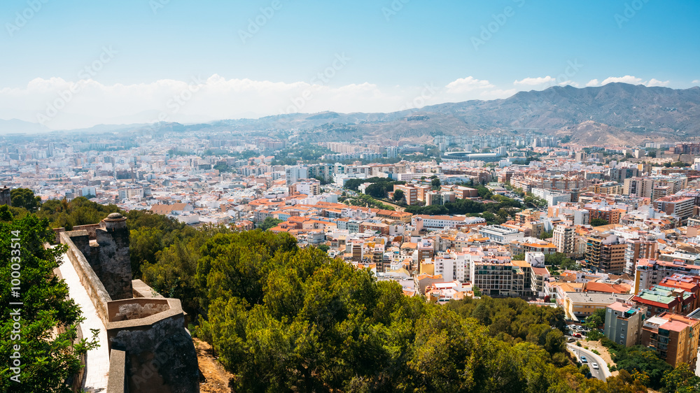 Cityscape panoramic aerial view of Malaga, Spain. Panorama of re