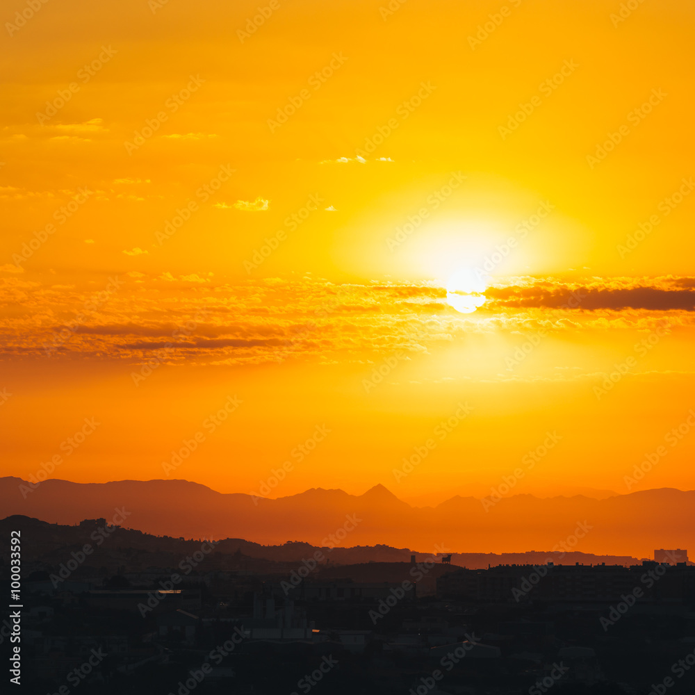 Beautiful Sunset Sunrise Over Mountain and city