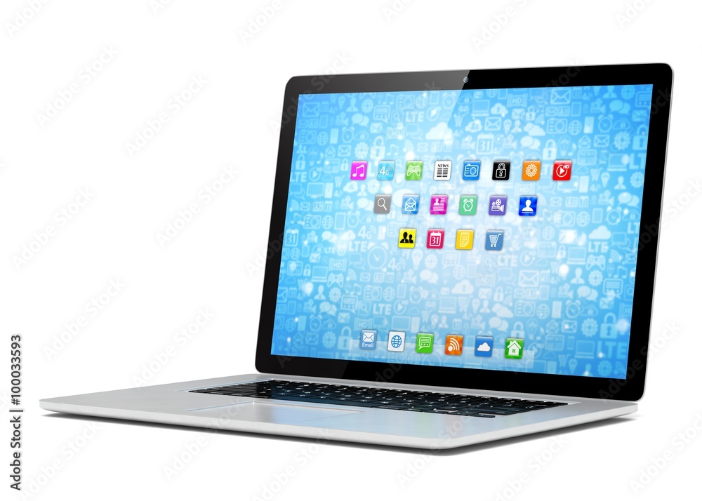 3d rendering of a laptop with blue wallpaper with app icon