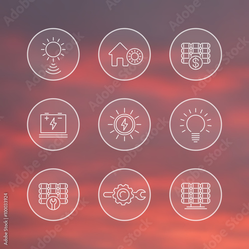 Solar energy line icons, solar power, panels, plant, round transparent icons set, vector illustration