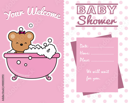 baby girl shower card. Bear in the bath