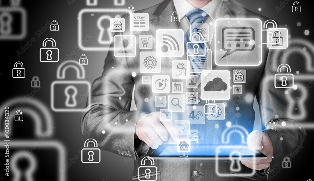 Business man using tablet PC with social media icon set Business man using tablet PC with social media icon set