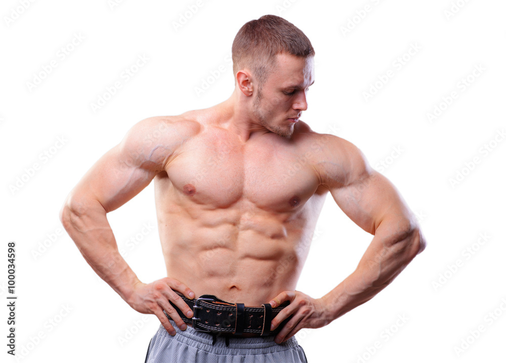 Muscular man with lifting belt posing over white isolated background Muscular man with lifting belt posing over white isolated background