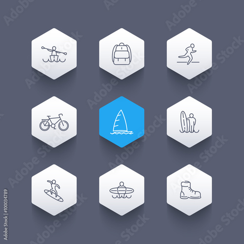 Travel, adventure, surfing, kayaking trip line icons, hexagon set, vector illustration