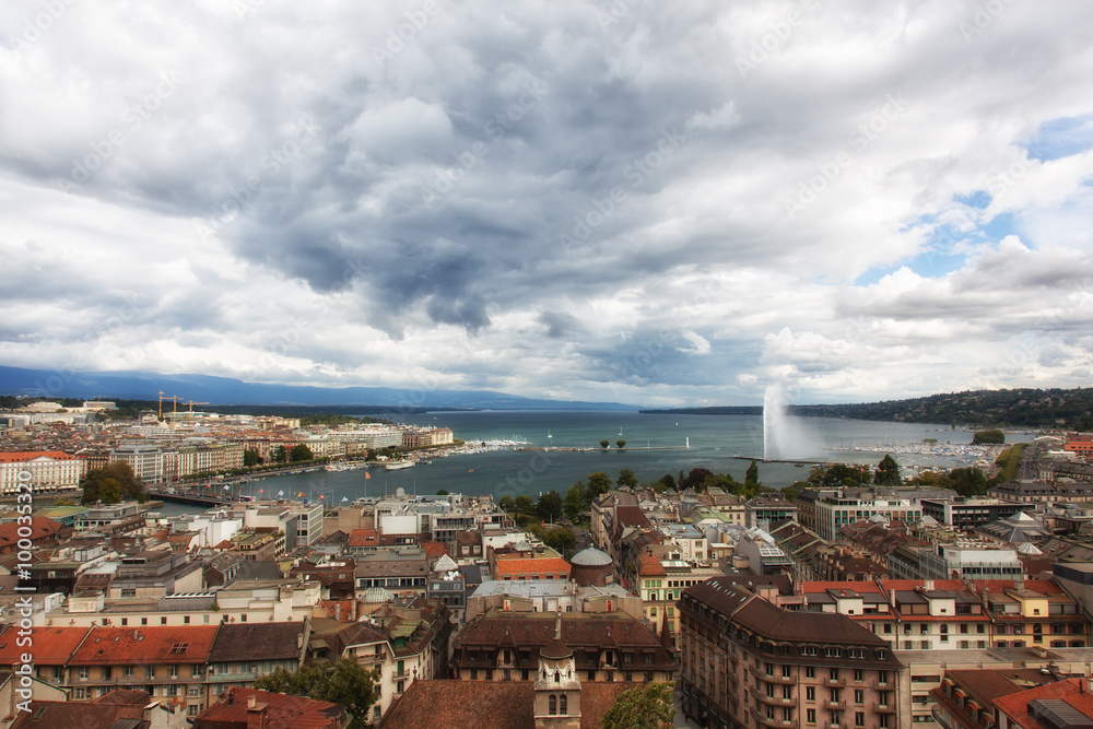 Panoramic view of city of Geneva, the Leman Lake and the Water Jet, in Switzerland, Europe, aerial view