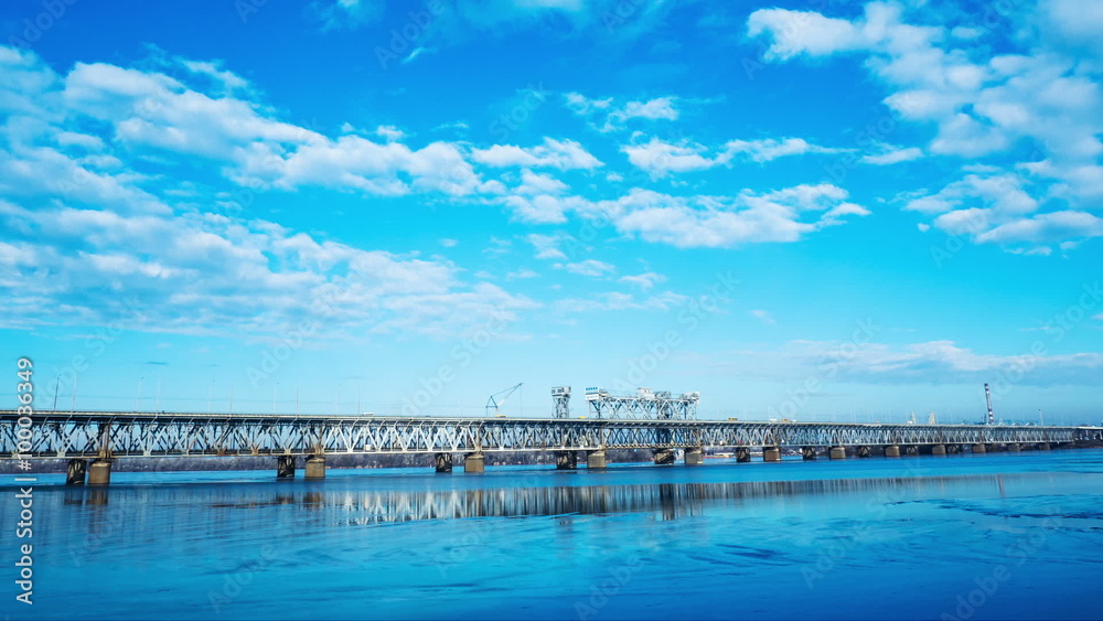 Timelapse view of transport bridge. Cloudy day. Timelapse view of transport bridge. Cloudy day.