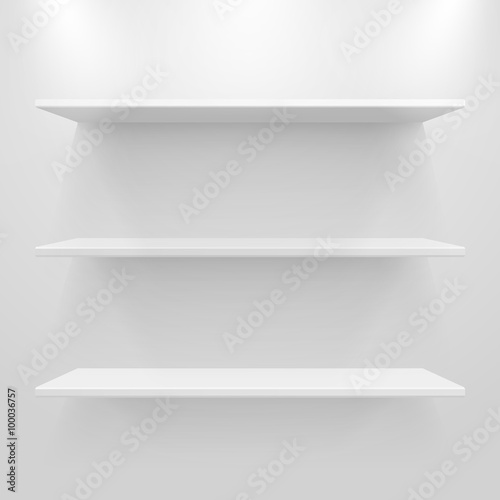 Empty white shelves on light grey background