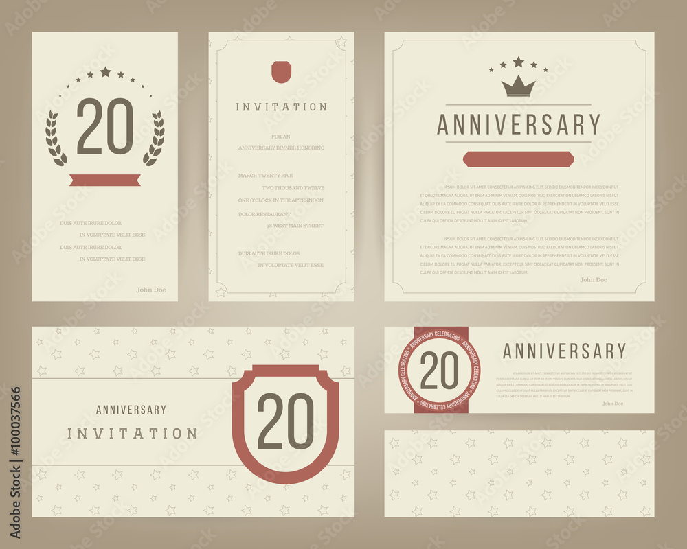 Twenty years anniversary invitation cards template. Vector illustration.