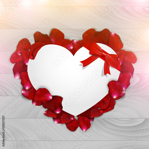 Paper heart with rose petals on a wooden background, vector illustration.