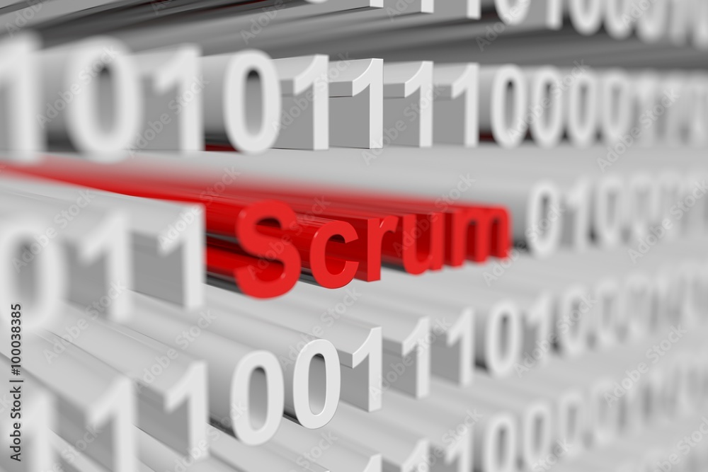 Scrum is presented in the form of a binary code with blurred background