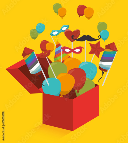 Gift box with fireworks and balloons