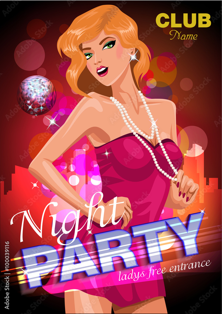 Vector illustration of blondy dancing woman. Night party posrer Vector illustration of blondy dancing woman. Night party posrer