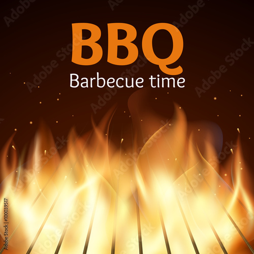 Grille with fire. BBQ poster. Flame for barbecue, cooking grilled, vector illustration
