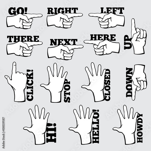 Hand navigation symbols set. Gesture pointer, click and hello, direction up, cursor icon, vector illustration