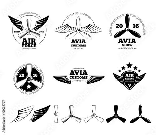 Vintage airplane labels, emblems and symbols set. Aviation stamp, wing flight, propeller vector illustration