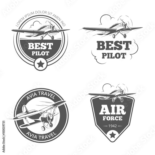 Vintage biplane and monoplane emblems set. Airplane and aircraft logos. Aviation logo, flight travel, vector illustration