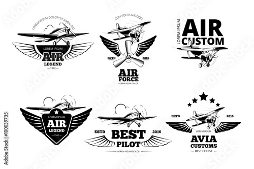 Airplane emblems vector labels. Aviation logo, flight and best pilot illustration