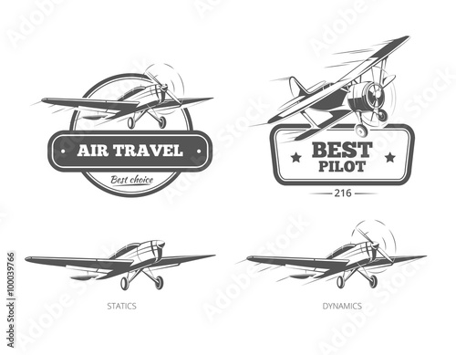 Aviation badges logos and emblems labels. Aircraft and plane, pilot and travel, vector illustration