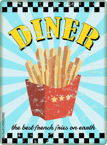 retro diner sign, with french fries. vector. fictional artwork
