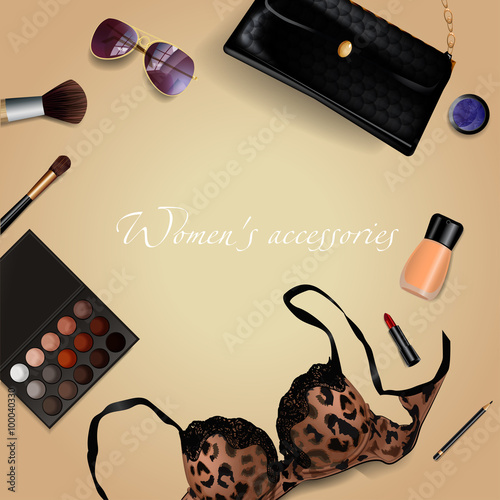 Set of women's accessories with cosmetics, bag, bra, lipstick, sunglasses, brush. Vector illustration