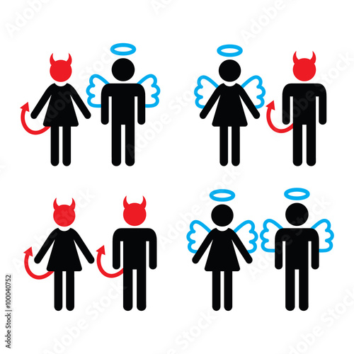 Couples devil and angel man and woman icons set 