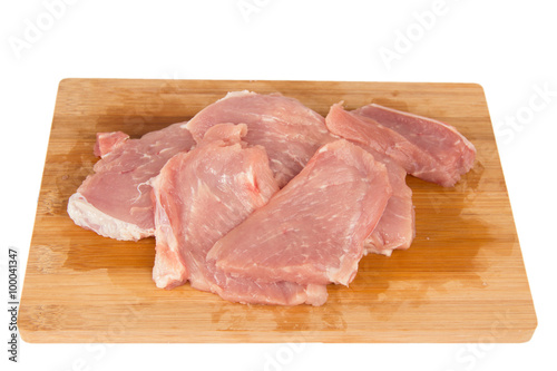 Raw piece of meat on a wooden board on a white background