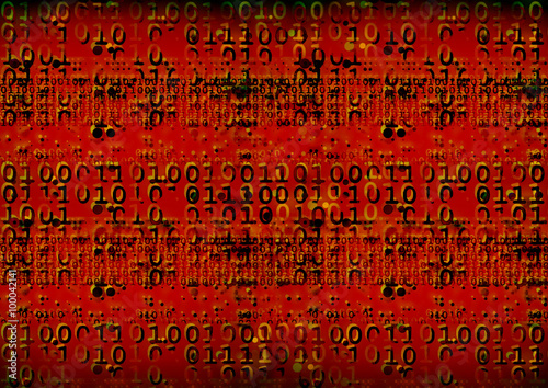Grungy binary code data stream abstract in dirty red and black