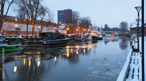 Early morning on the main city quay. Danes river canal. Port of Klaipeda city  Lithuania.