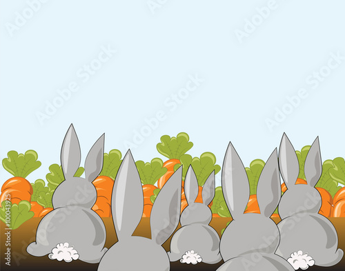 Bunny rabbits in a field of carrots. Vector