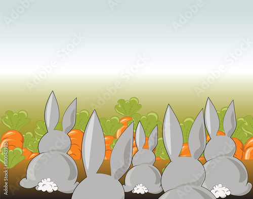 Bunny rabbits in a field of carrots. Vector