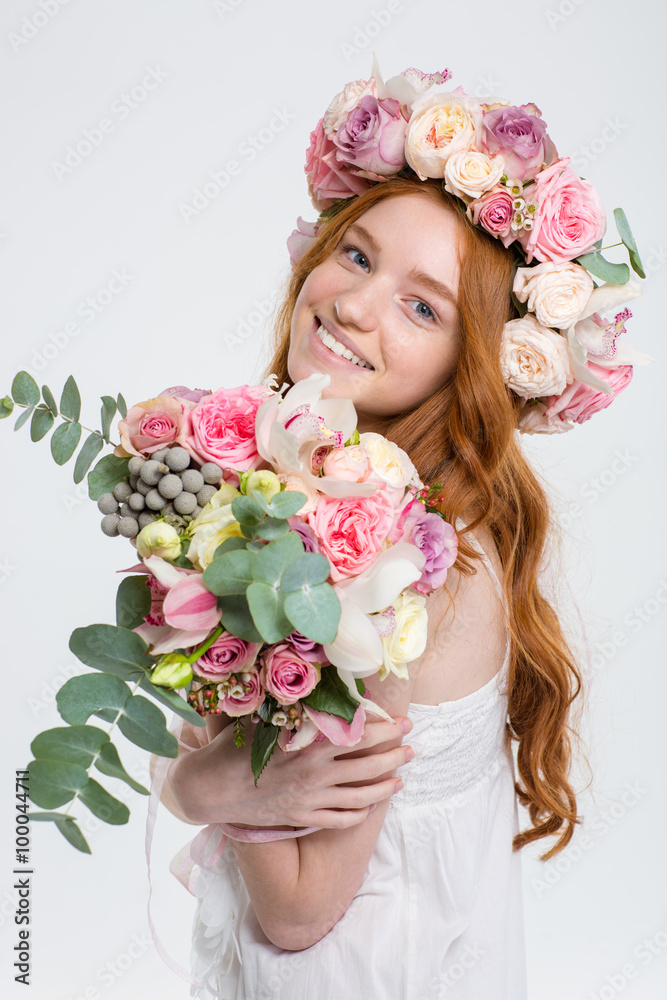 Happy beautiful woman in roses wreath with bouquet of flowers Happy beautiful woman in roses wreath with bouquet of flowers