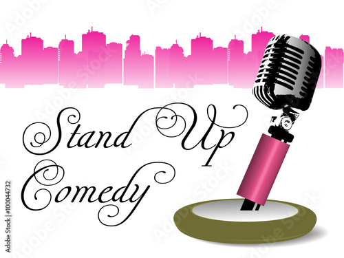 Abstract colorful background with old microphone and the text Stand Up Comedy written with handwritten letters