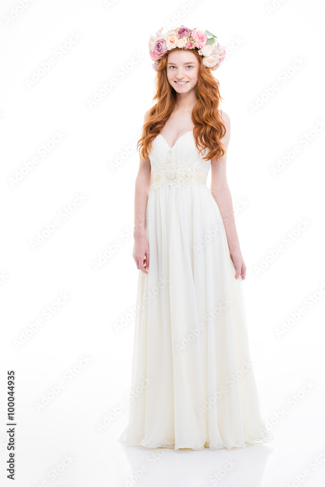 Happy attractive bride in white dress and wreath of roses Happy attractive bride in white dress and wreath of roses