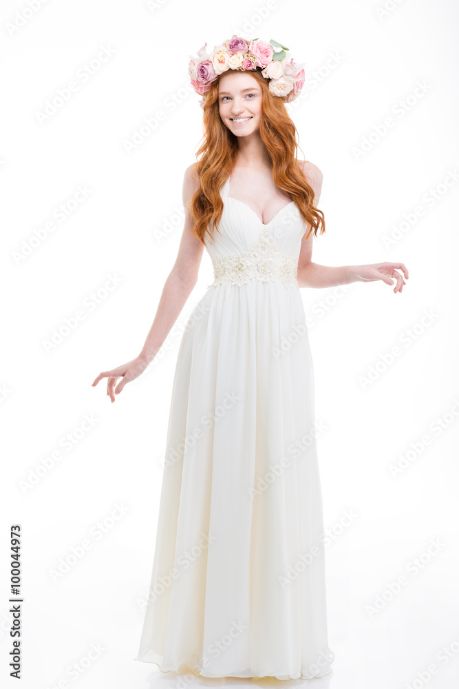 Full length of beautiful smiling bride in ink roses wreath Full length of beautiful smiling bride in ink roses wreath