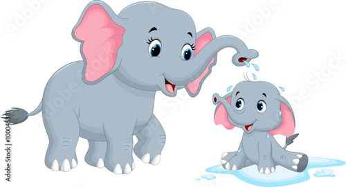 Vector illustration of mother elephants bathing her child