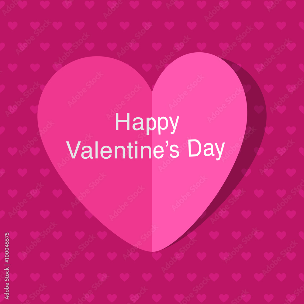 Pink Valentine card on bright hearts pattern background.