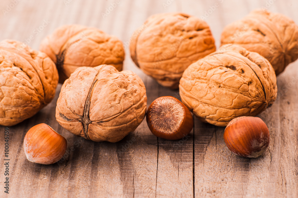 A mixture of walnuts and hazelnuts A mixture of walnuts and hazelnuts