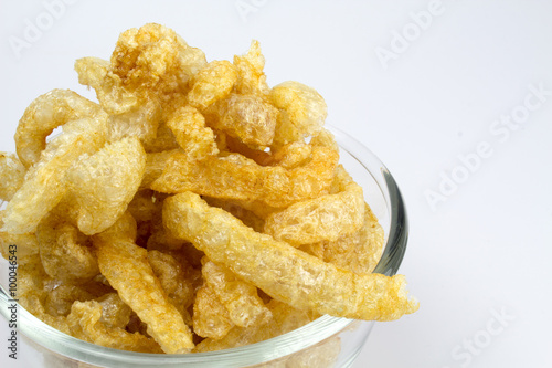 Pork Crackling, Pork Rind, Pork Scratchings or Pork Snack in bow