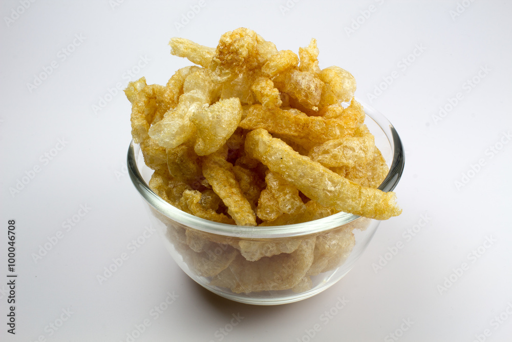 Pork Crackling, Pork Rind, Pork Scratchings or Pork Snack in bow Pork Crackling, Pork Rind, Pork Scratchings or Pork Snack in bow