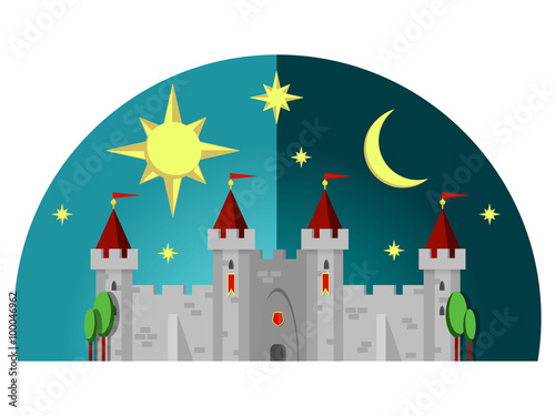 Image gray medieval stone castle with towers,mred flags and sheild over the gate. Background of a stylized scenic day and the night sky with the moon, sun and stars. Flat style, vector, EPS 10