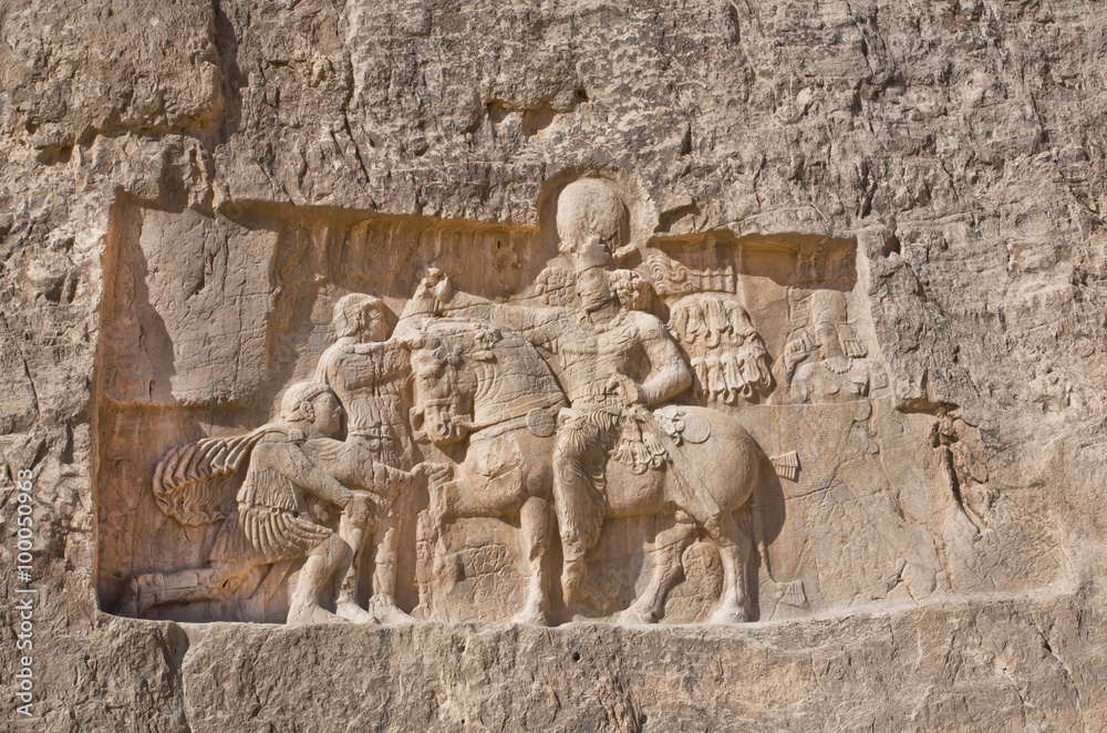 Historical relief carved between 239 - 70 AD about triumph of king Shapur I the Great, Persian rulers.