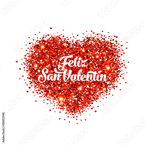 Valentines day glitters illustration with heart and spanish greeting.